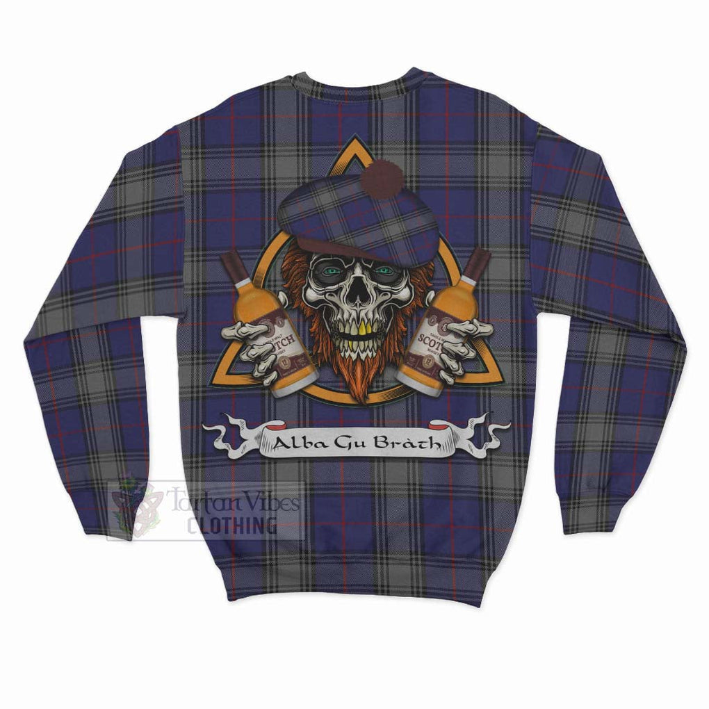 Tartan Vibes Clothing Kinnaird Tartan Sweatshirt with Family Crest and Bearded Skull Holding Bottles of Whiskey