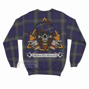 Kinnaird Tartan Sweatshirt with Family Crest and Bearded Skull Holding Bottles of Whiskey