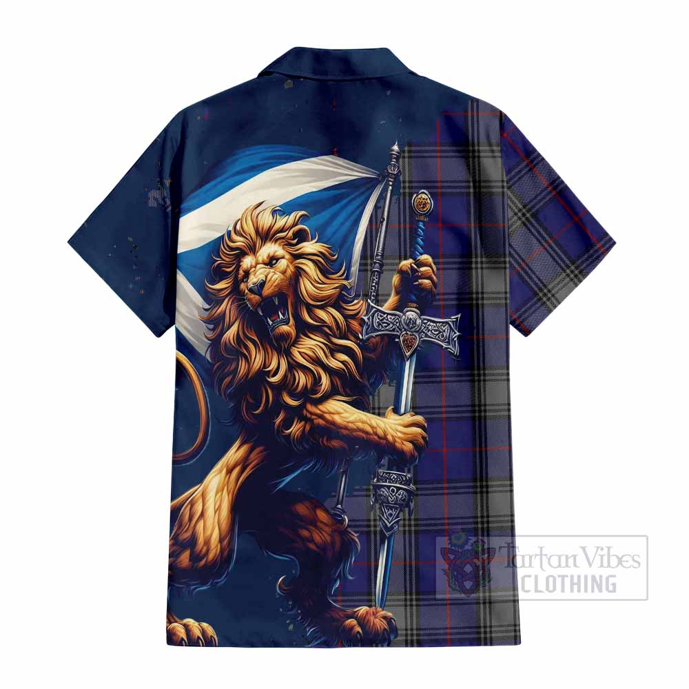 Tartan Vibes Clothing Kinnaird Tartan Family Crest Short Sleeve Button Shirt with Scottish Majestic Lion