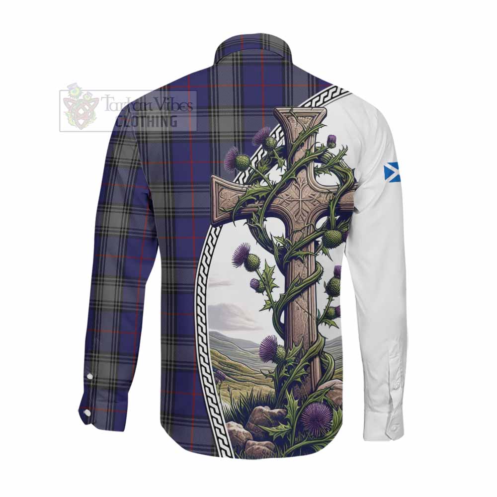 Kinnaird Tartan Long Sleeve Button Shirt with Family Crest and St. Andrew's Cross Accented by Thistle Vines Men's Shirt - Tartan Vibes Clothing