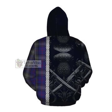 Kinnaird Tartan Cotton Hoodie with Family Crest Cross Sword Thistle Celtic Vibes