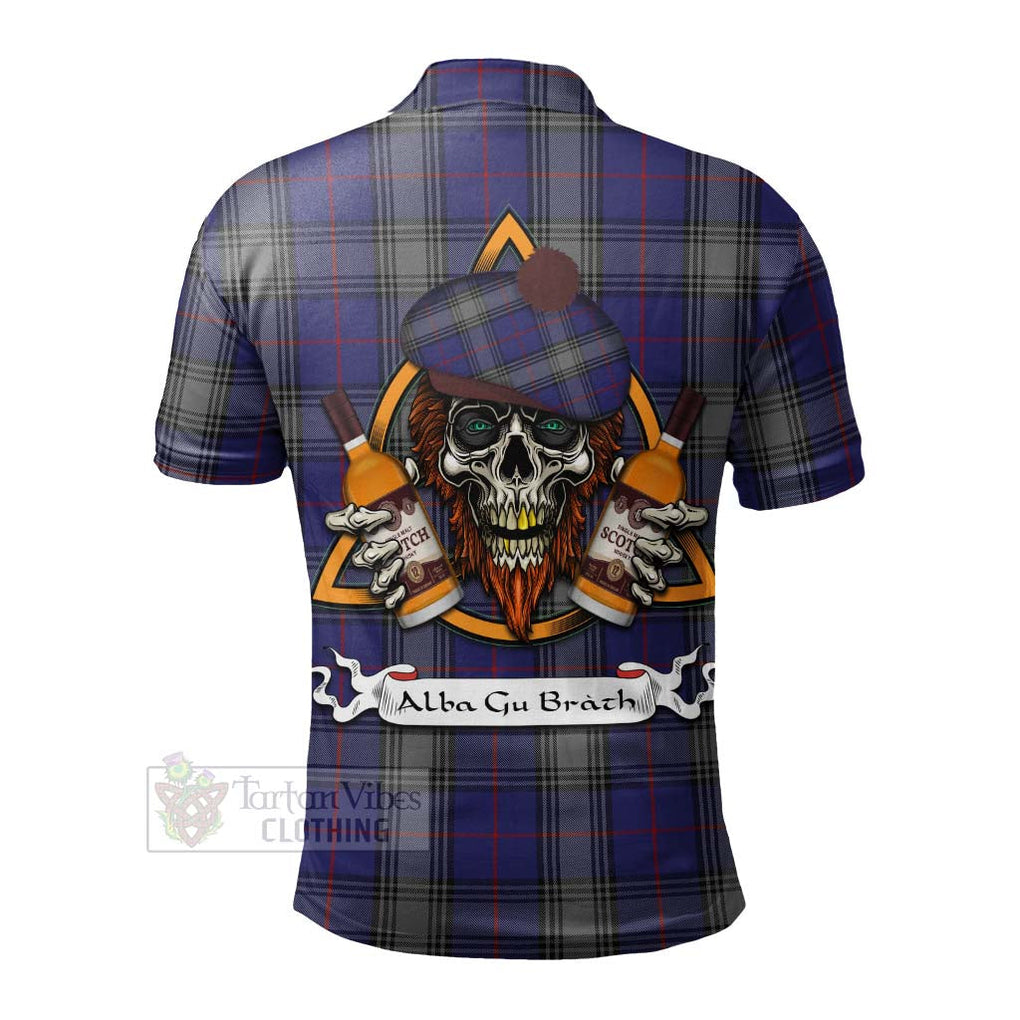 Tartan Vibes Clothing Kinnaird Tartan Polo Shirt with Family Crest and Bearded Skull Holding Bottles of Whiskey