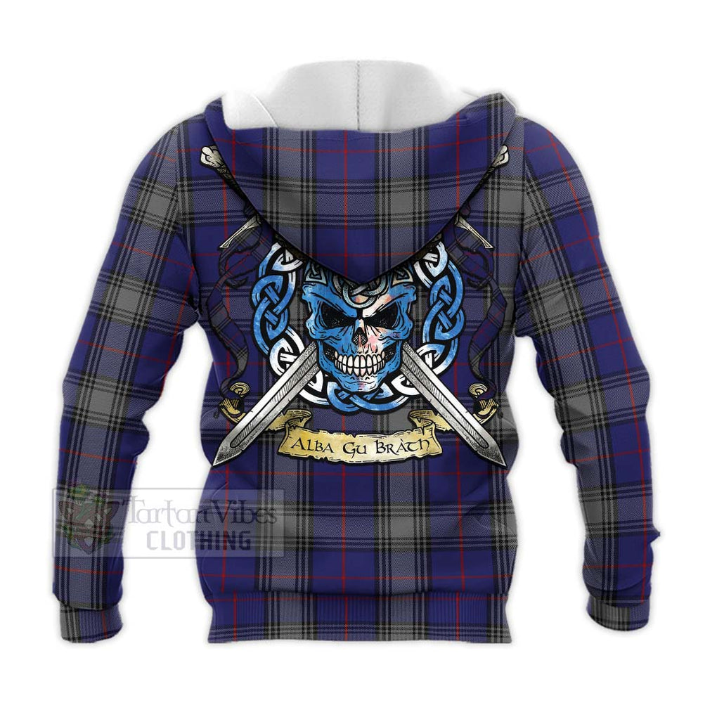 Tartan Vibes Clothing Kinnaird Tartan Knitted Hoodie with Family Crest Celtic Skull Style