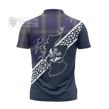 Kinnaird Tartan Zipper Polo Shirt Featuring Thistle and Scotland Map