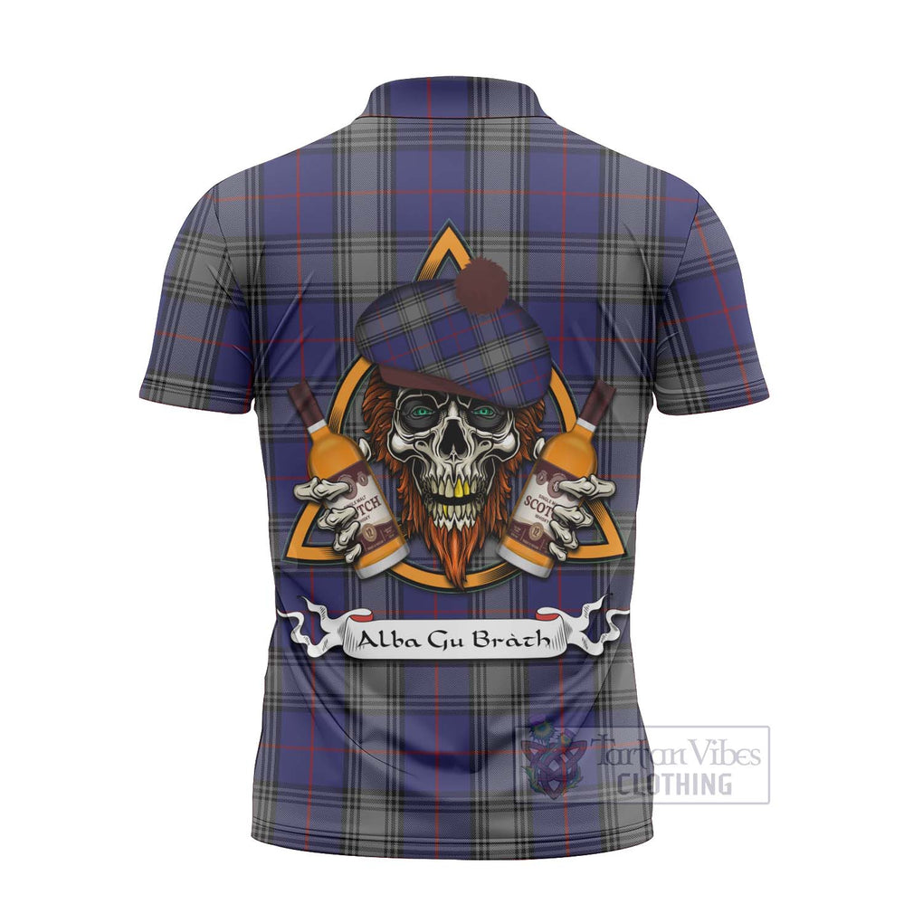 Tartan Vibes Clothing Kinnaird Tartan Zipper Polo Shirt with Family Crest and Bearded Skull Holding Bottles of Whiskey