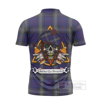 Kinnaird Tartan Zipper Polo Shirt with Family Crest and Bearded Skull Holding Bottles of Whiskey