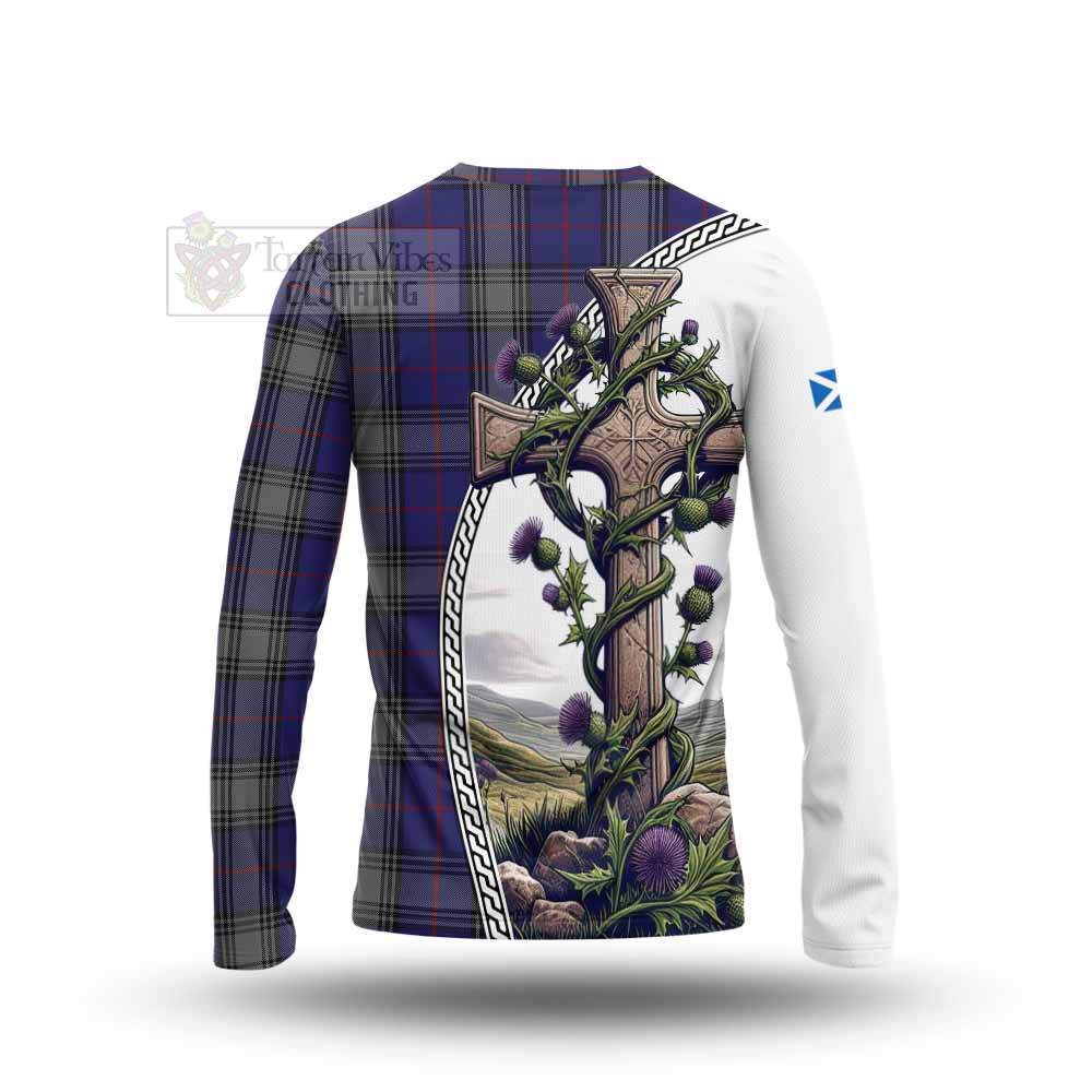 Tartan Vibes Clothing Kinnaird Tartan Long Sleeve T-Shirt with Family Crest and St. Andrew's Cross Accented by Thistle Vines