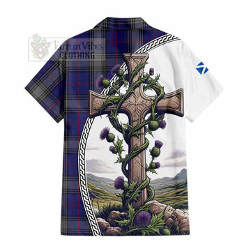 Kinnaird Tartan Short Sleeve Button Shirt with Family Crest and St. Andrew's Cross Accented by Thistle Vines