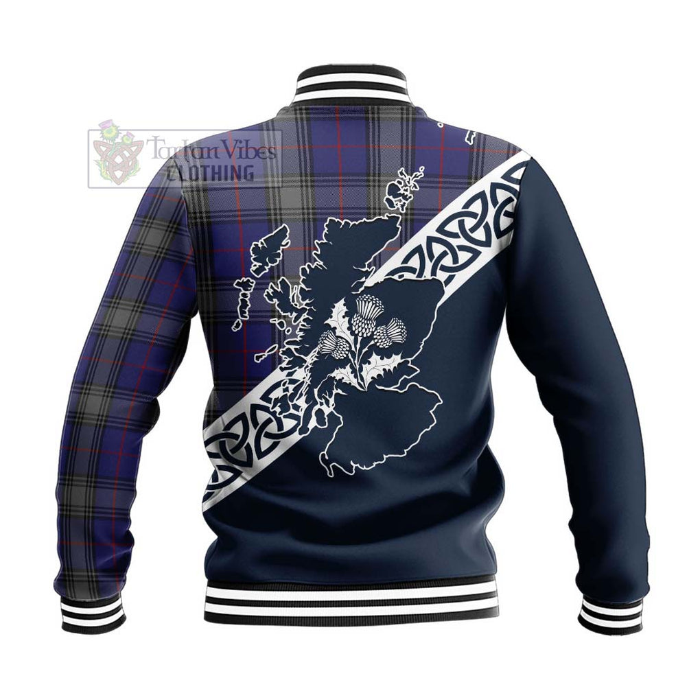 Tartan Vibes Clothing Kinnaird Tartan Baseball Jacket Featuring Thistle and Scotland Map