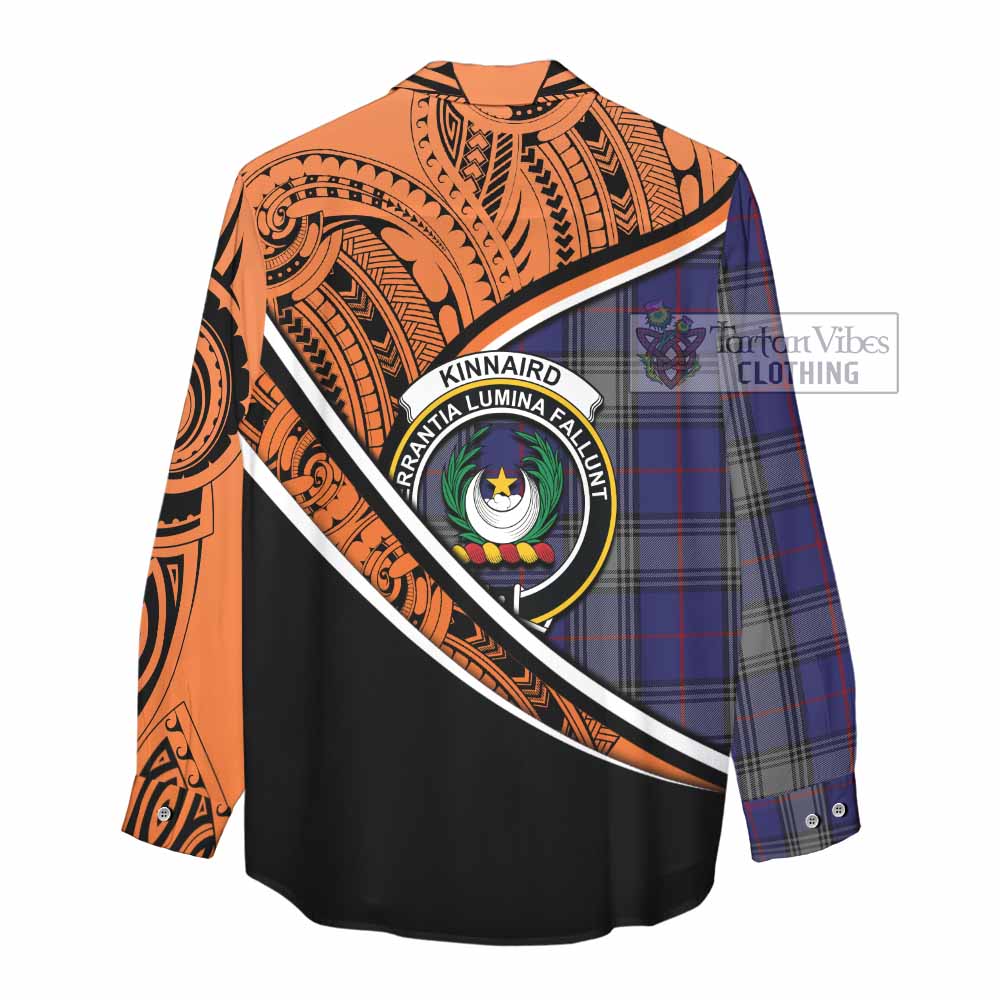 Tartan Vibes Clothing Kinnaird Crest Tartan Women's Casual Shirt with Maori Tattoo Style - Orange Version