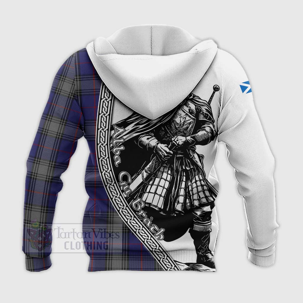 Tartan Vibes Clothing Kinnaird Tartan Clan Crest Knitted Hoodie with Highlander Warrior Celtic Style