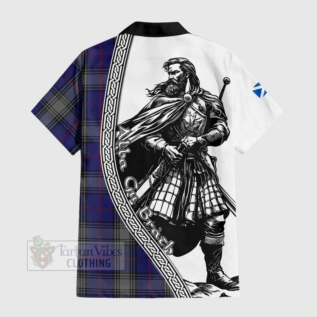 Tartan Vibes Clothing Kinnaird Tartan Clan Crest Short Sleeve Button Shirt with Highlander Warrior Celtic Style