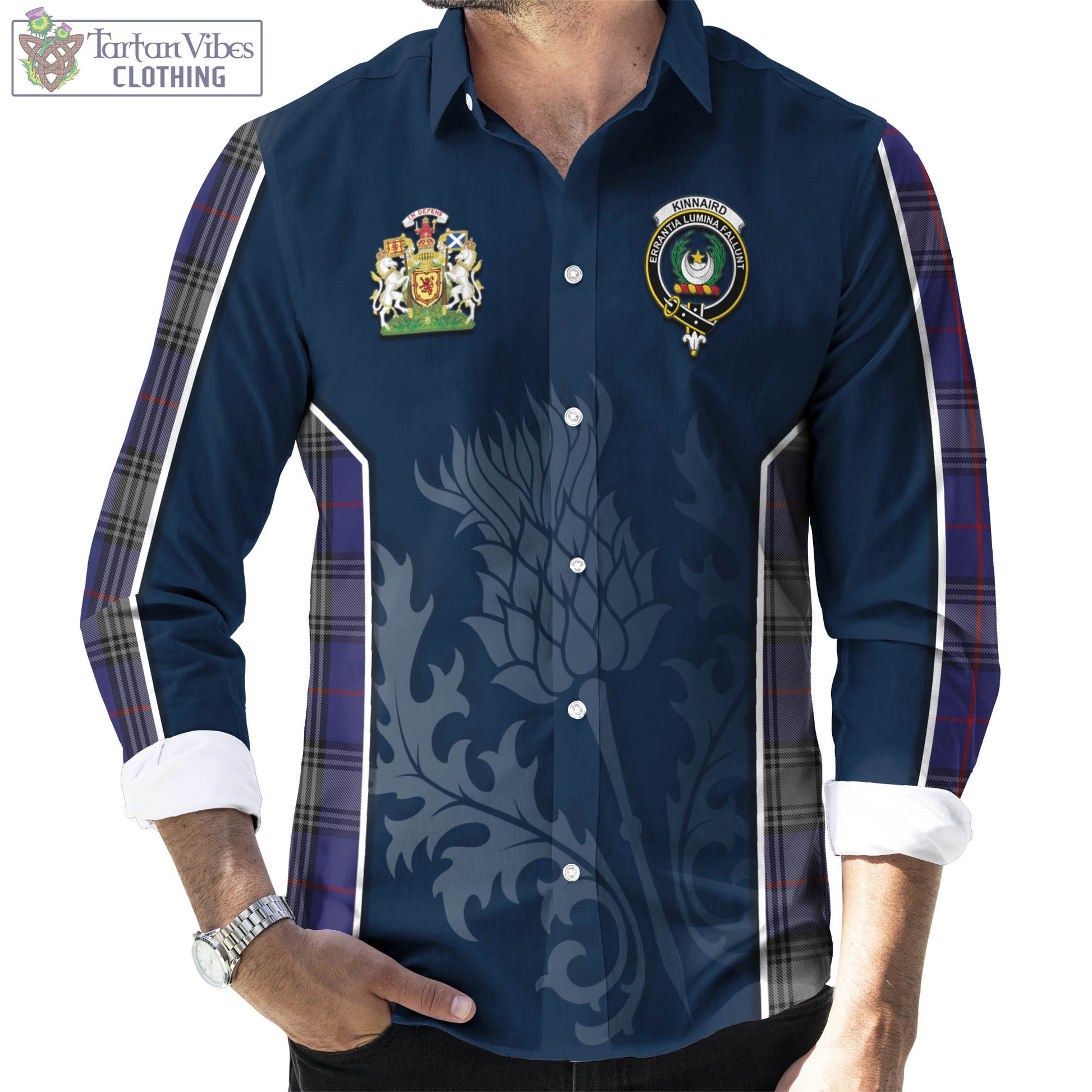 Tartan Vibes Clothing Kinnaird Tartan Long Sleeve Button Up Shirt with Family Crest and Scottish Thistle Vibes Sport Style