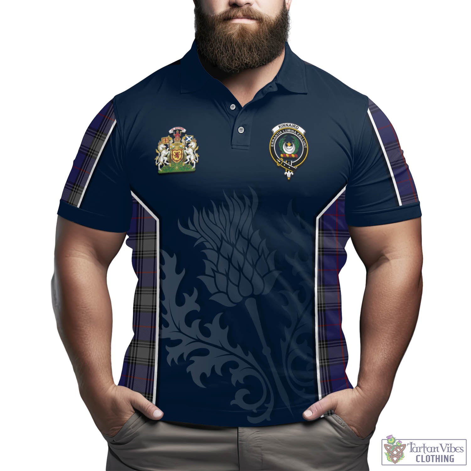 Tartan Vibes Clothing Kinnaird Tartan Men's Polo Shirt with Family Crest and Scottish Thistle Vibes Sport Style