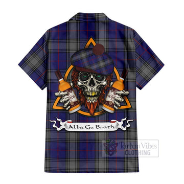 Kinnaird Tartan Short Sleeve Button Shirt with Family Crest and Bearded Skull Holding Bottles of Whiskey