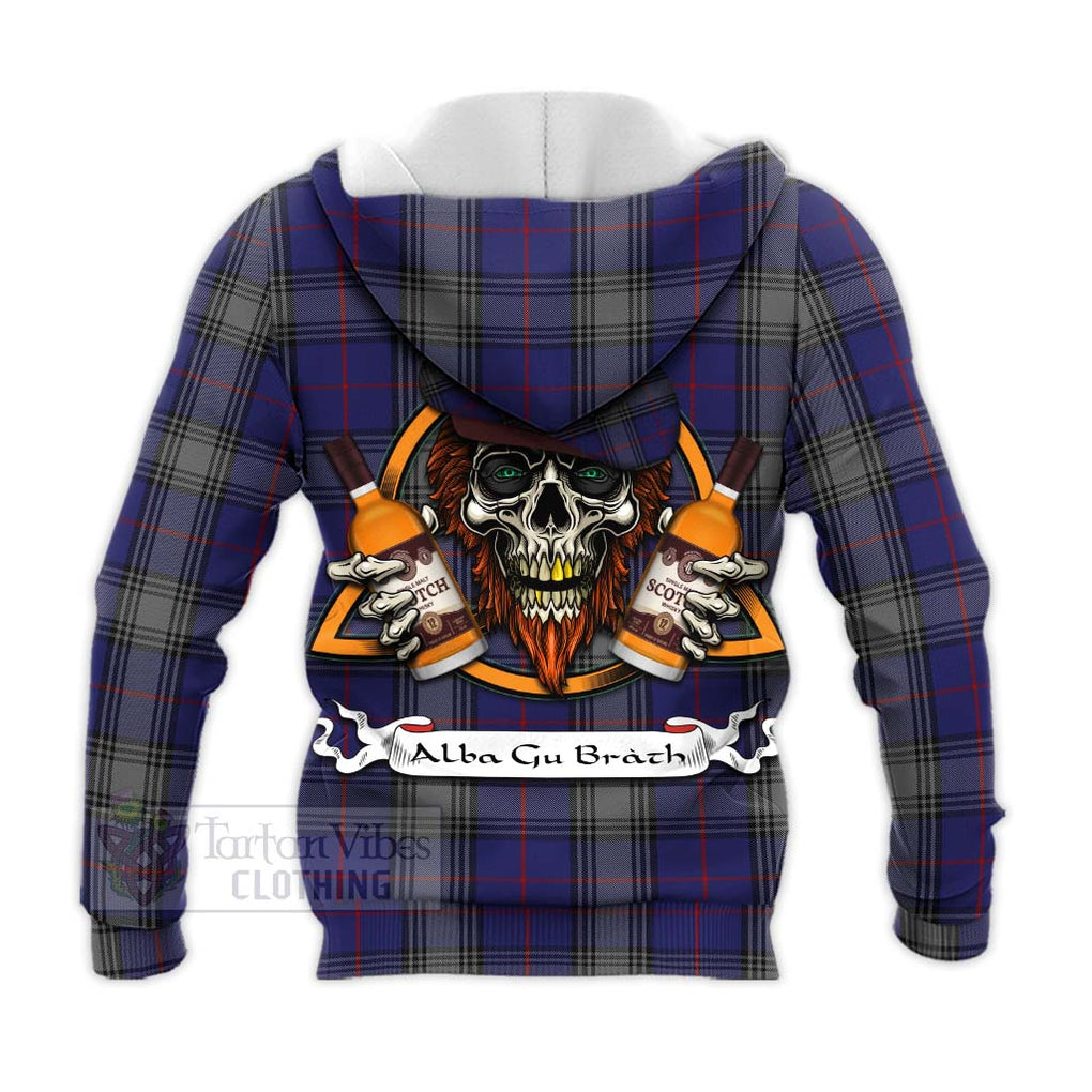 Tartan Vibes Clothing Kinnaird Tartan Knitted Hoodie with Family Crest and Bearded Skull Holding Bottles of Whiskey