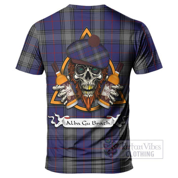 Kinnaird Tartan T-Shirt with Family Crest and Bearded Skull Holding Bottles of Whiskey