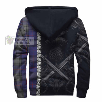 Kinnaird Tartan Sherpa Hoodie with Family Crest Cross Sword Thistle Celtic Vibes