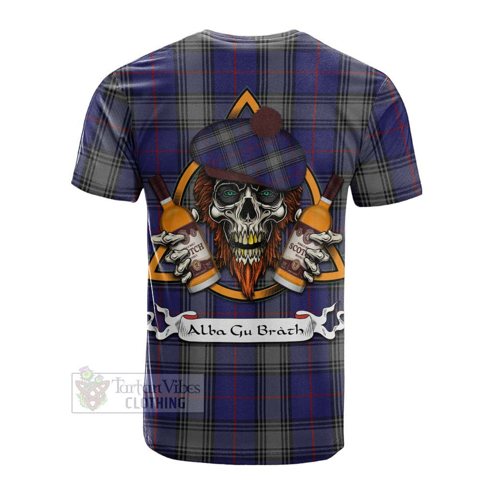 Tartan Vibes Clothing Kinnaird Tartan Cotton T-shirt with Family Crest and Bearded Skull Holding Bottles of Whiskey