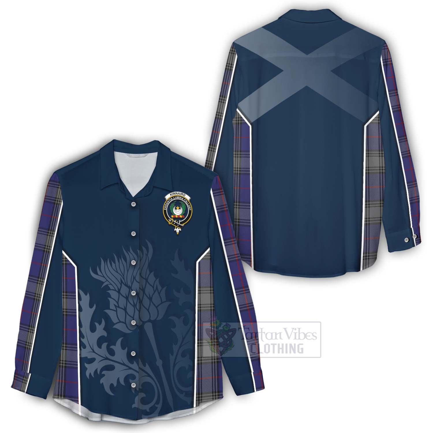 Tartan Vibes Clothing Kinnaird Tartan Women's Casual Shirt with Family Crest and Scottish Thistle Vibes Sport Style