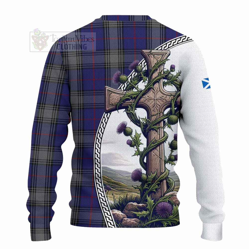 Tartan Vibes Clothing Kinnaird Tartan Knitted Sweater with Family Crest and St. Andrew's Cross Accented by Thistle Vines