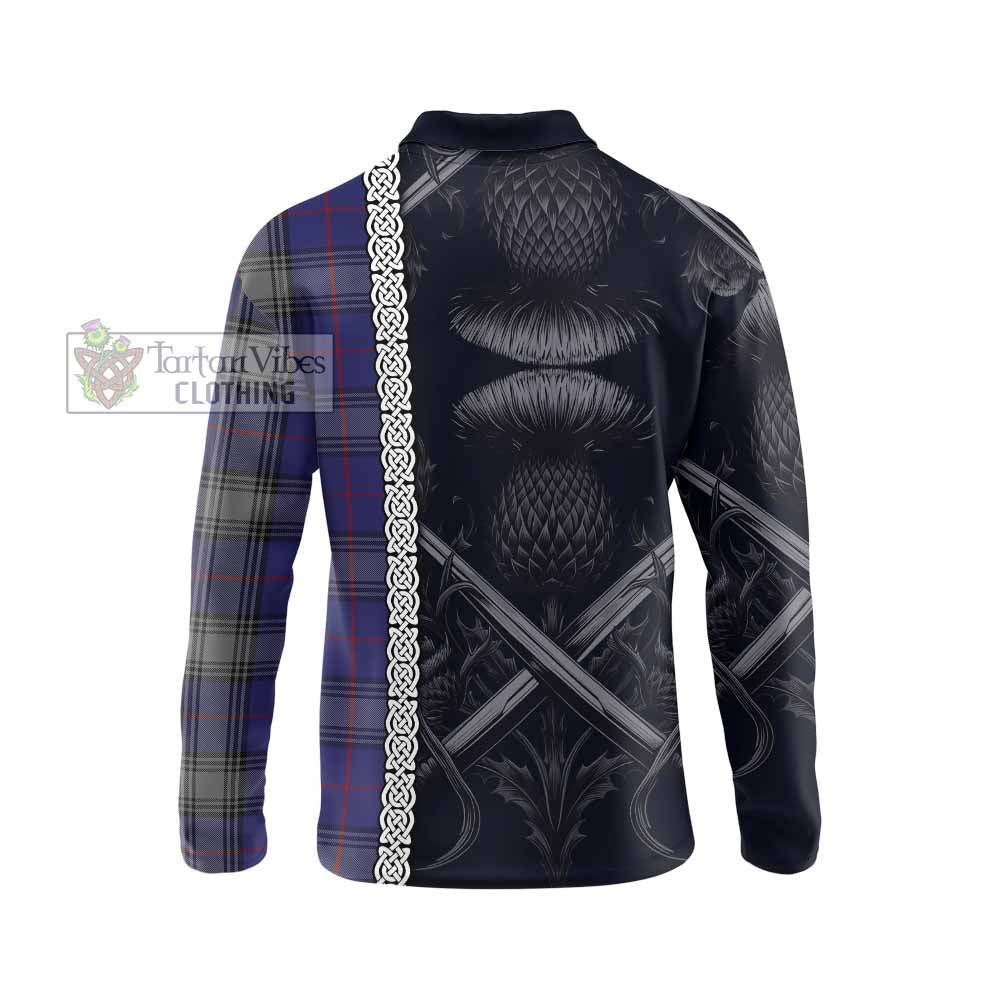 Tartan Vibes Clothing Kinnaird Tartan Long Sleeve Polo Shirt with Family Crest Cross Sword Thistle Celtic Vibes