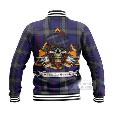 Kinnaird Tartan Baseball Jacket with Family Crest and Bearded Skull Holding Bottles of Whiskey