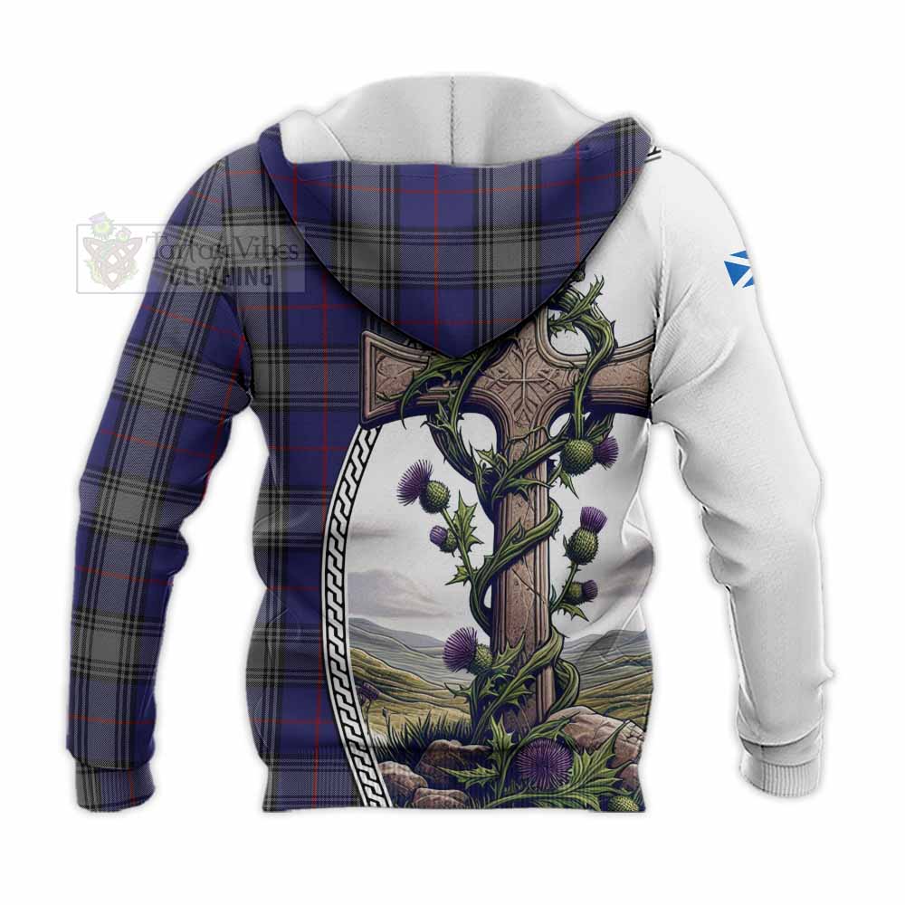 Tartan Vibes Clothing Kinnaird Tartan Knitted Hoodie with Family Crest and St. Andrew's Cross Accented by Thistle Vines