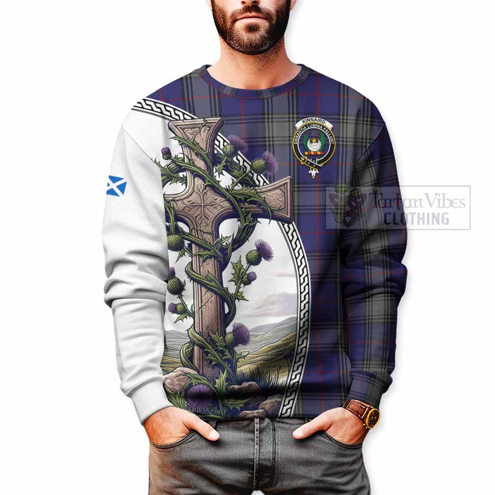 Tartan Vibes Clothing Kinnaird Tartan Sweatshirt with Family Crest and St. Andrew's Cross Accented by Thistle Vines