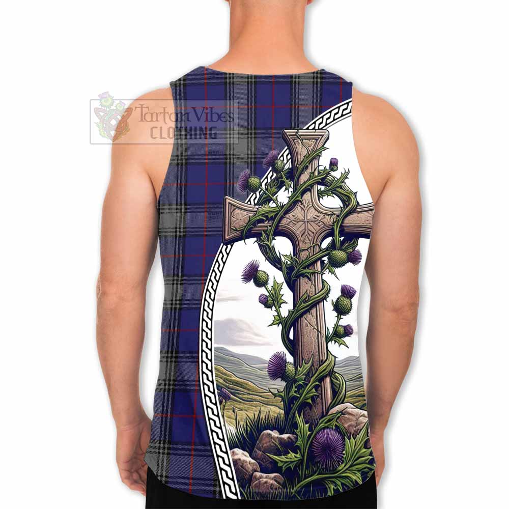 Tartan Vibes Clothing Kinnaird Tartan Men's Tank Top with Family Crest and St. Andrew's Cross Accented by Thistle Vines