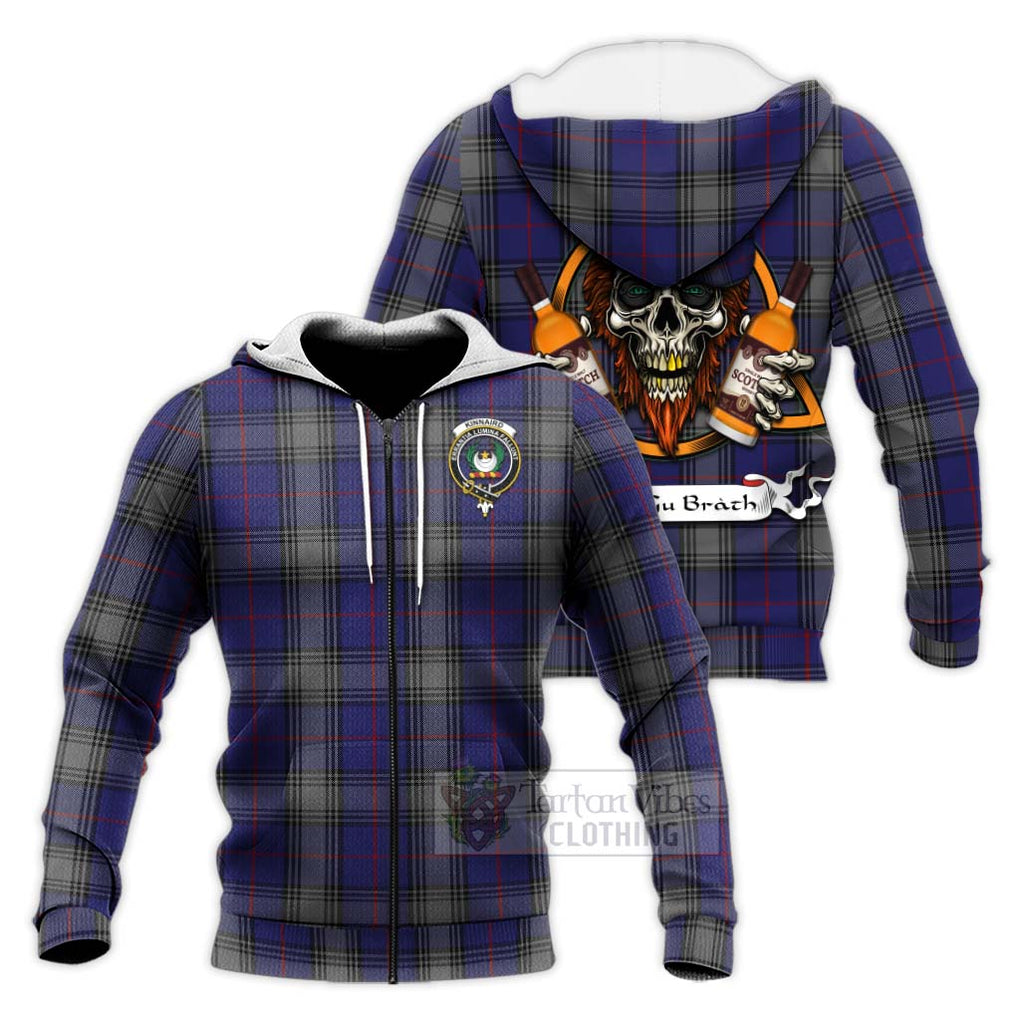 Tartan Vibes Clothing Kinnaird Tartan Knitted Hoodie with Family Crest and Bearded Skull Holding Bottles of Whiskey