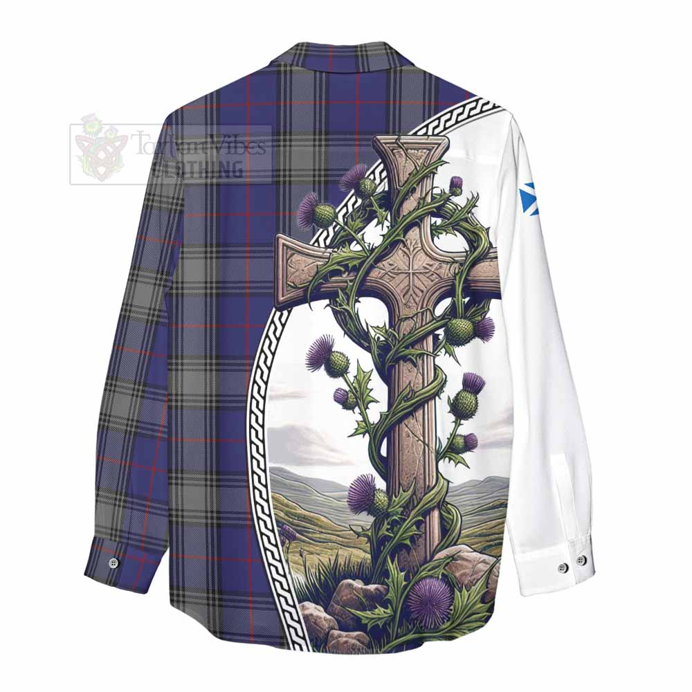 Tartan Vibes Clothing Kinnaird Tartan Women's Casual Shirt with Family Crest and St. Andrew's Cross Accented by Thistle Vines