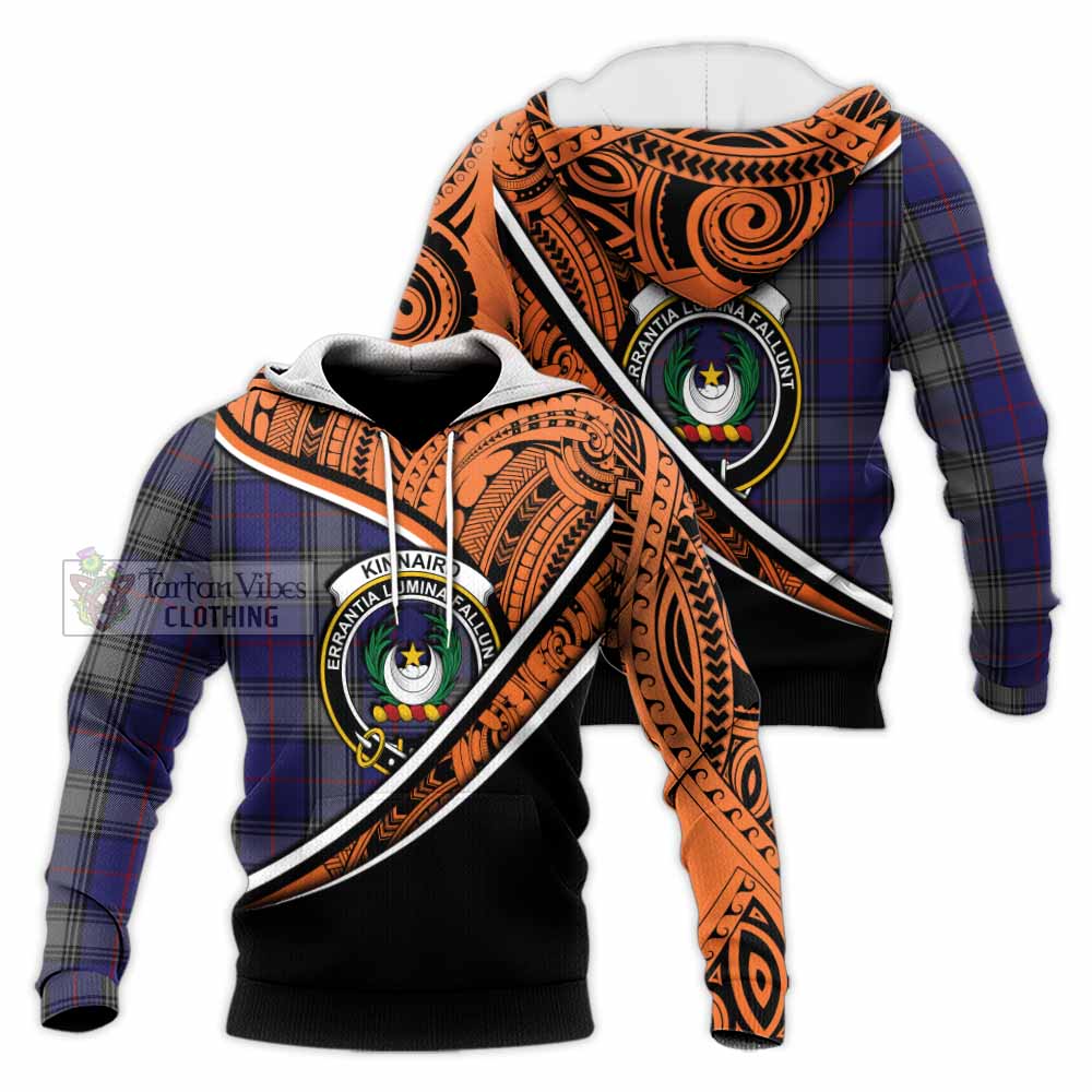 Tartan Vibes Clothing Kinnaird Crest Tartan Knitted Hoodie with Maori Tattoo Style - Orange Version