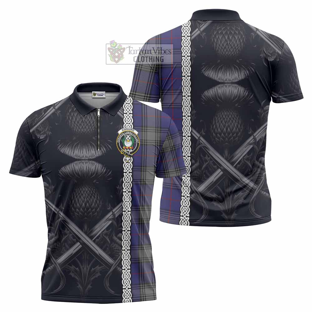 Tartan Vibes Clothing Kinnaird Tartan Zipper Polo Shirt with Family Crest Cross Sword Thistle Celtic Vibes