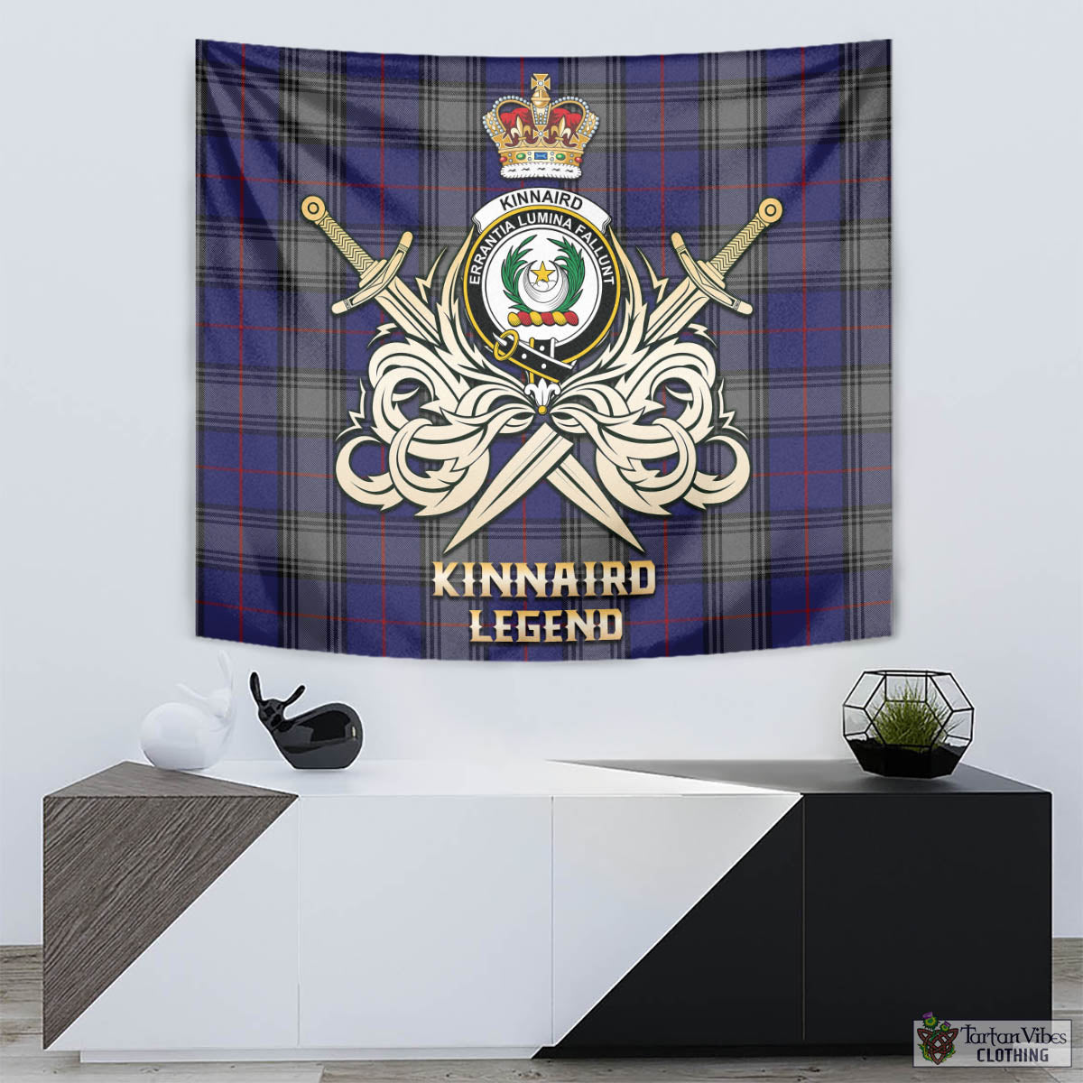 Tartan Vibes Clothing Kinnaird Tartan Tapestry with Clan Crest and the Golden Sword of Courageous Legacy