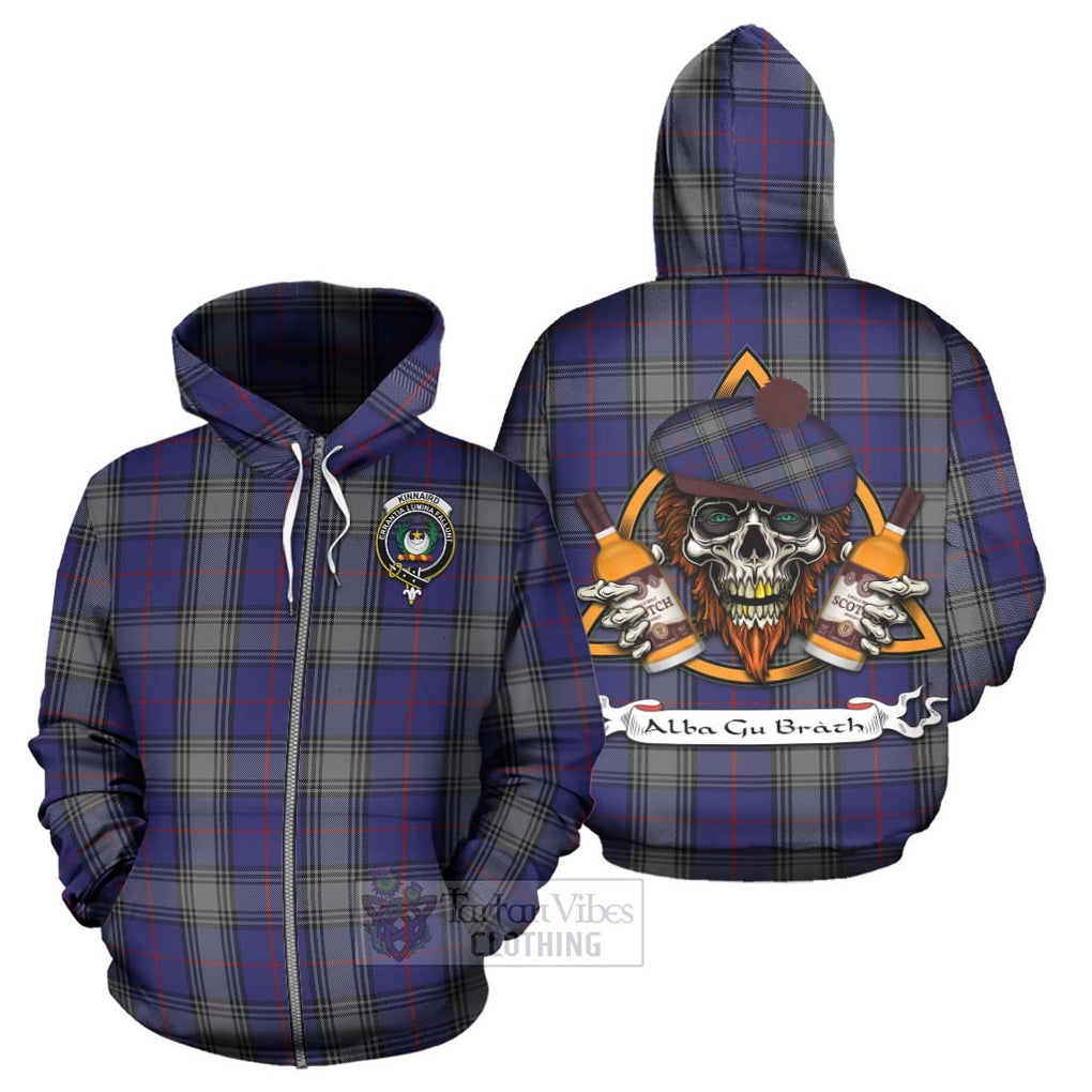 Tartan Vibes Clothing Kinnaird Tartan Hoodie with Family Crest and Bearded Skull Holding Bottles of Whiskey