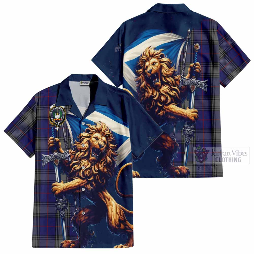 Tartan Vibes Clothing Kinnaird Tartan Family Crest Short Sleeve Button Shirt with Scottish Majestic Lion