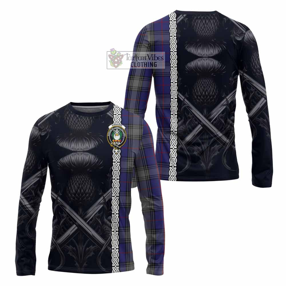 Tartan Vibes Clothing Kinnaird Tartan Long Sleeve T-Shirt with Family Crest Cross Sword Thistle Celtic Vibes