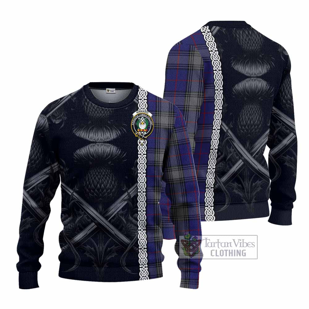 Tartan Vibes Clothing Kinnaird Tartan Knitted Sweater with Family Crest Cross Sword Thistle Celtic Vibes