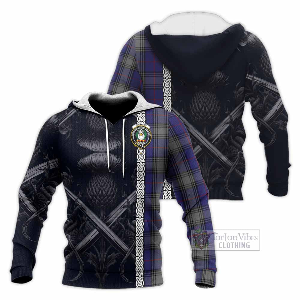 Tartan Vibes Clothing Kinnaird Tartan Knitted Hoodie with Family Crest Cross Sword Thistle Celtic Vibes