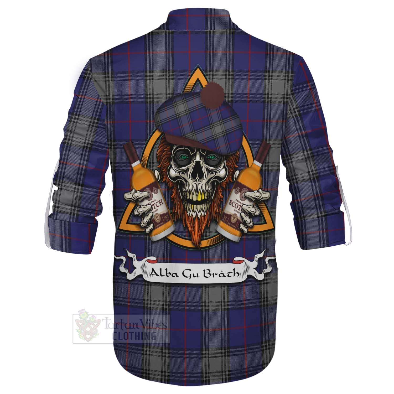 Tartan Vibes Clothing Kinnaird Tartan Ghillie Kilt Shirt with Family Crest and Bearded Skull Holding Bottles of Whiskey