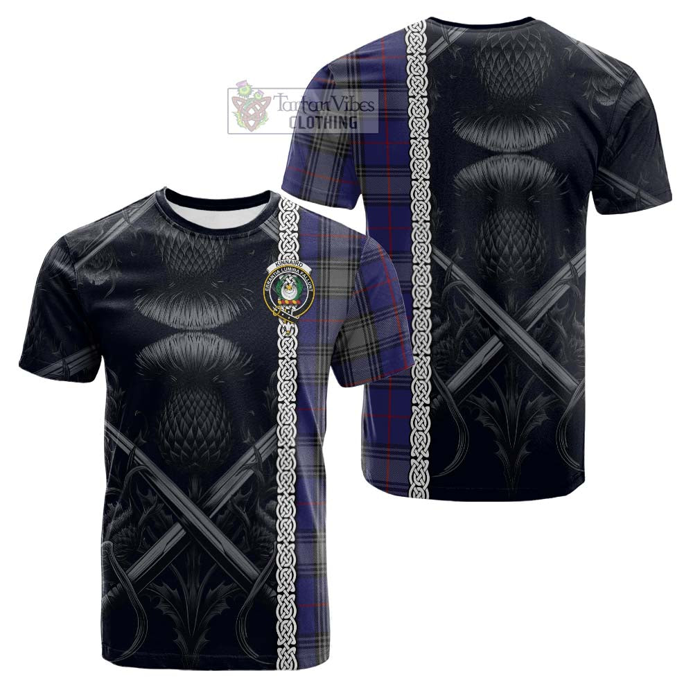 Tartan Vibes Clothing Kinnaird Tartan Cotton T-shirt with Family Crest Cross Sword Thistle Celtic Vibes