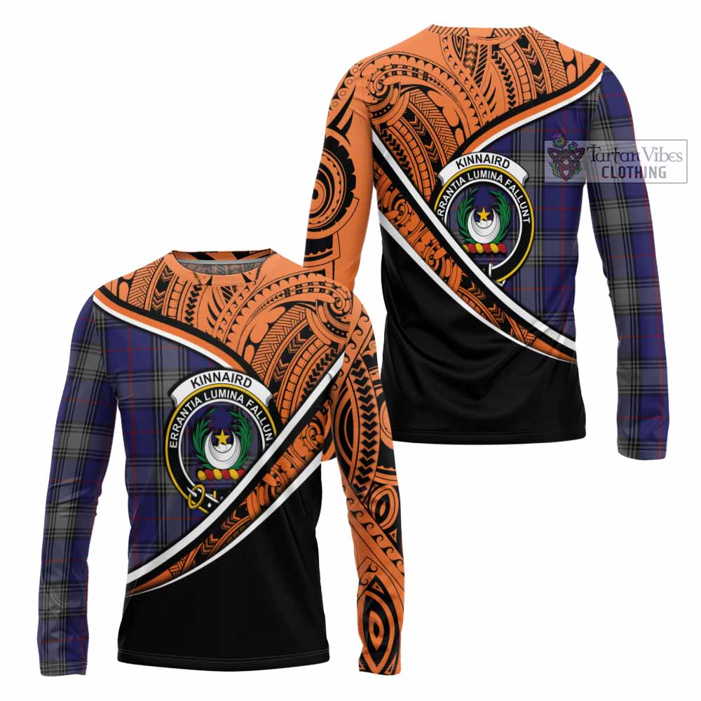 Tartan Vibes Clothing Kinnaird Crest Tartan Long Sleeve T-Shirt with Maori Tattoo Style - Orange Version