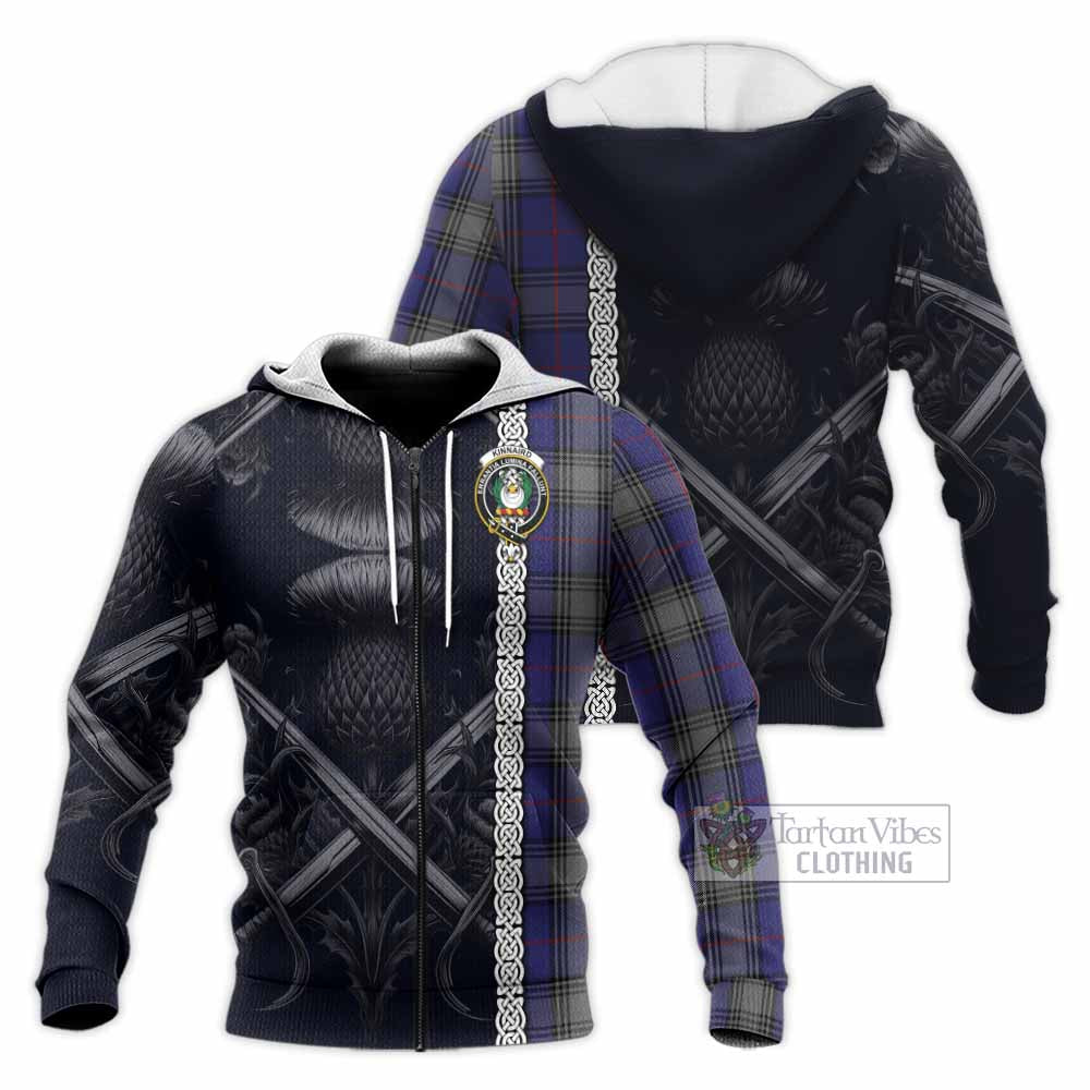 Tartan Vibes Clothing Kinnaird Tartan Knitted Hoodie with Family Crest Cross Sword Thistle Celtic Vibes