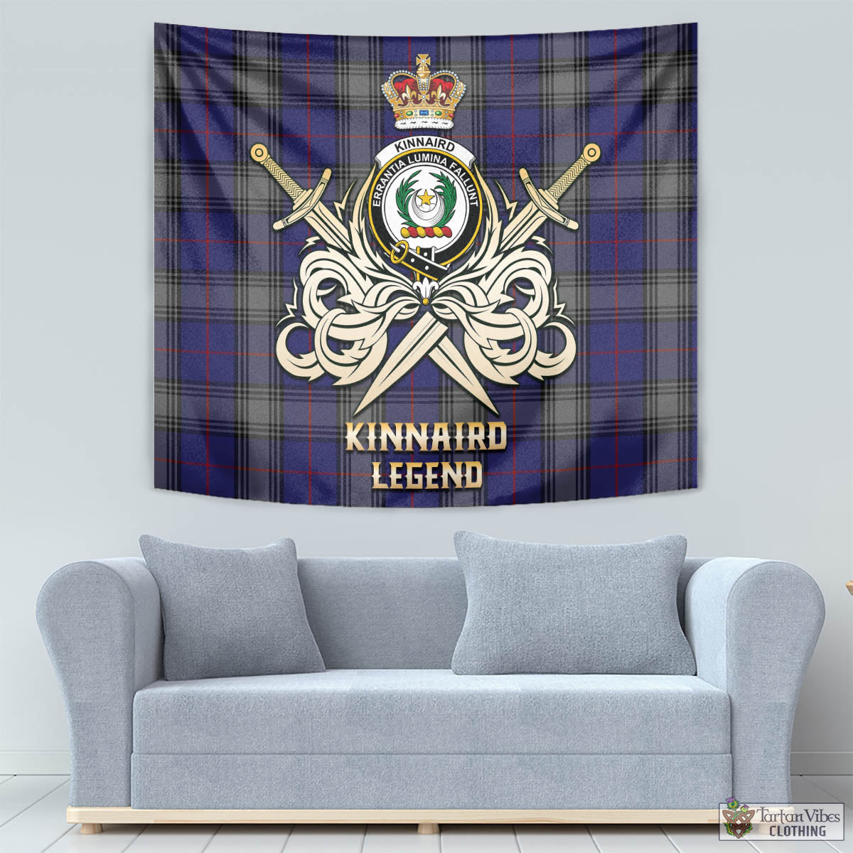 Tartan Vibes Clothing Kinnaird Tartan Tapestry with Clan Crest and the Golden Sword of Courageous Legacy