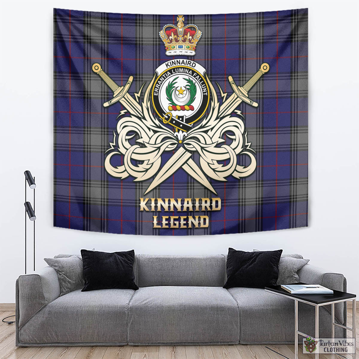 Tartan Vibes Clothing Kinnaird Tartan Tapestry with Clan Crest and the Golden Sword of Courageous Legacy