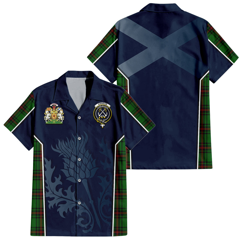 Tartan Vibes Clothing Kinnear Tartan Short Sleeve Button Up Shirt with Family Crest and Scottish Thistle Vibes Sport Style