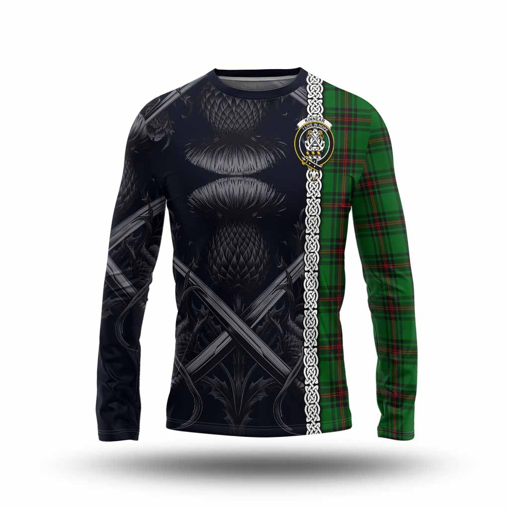 Tartan Vibes Clothing Kinnear Tartan Long Sleeve T-Shirt with Family Crest Cross Sword Thistle Celtic Vibes