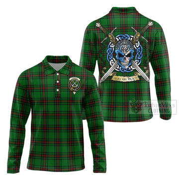 Kinnear Tartan Long Sleeve Polo Shirt with Family Crest Celtic Skull Style