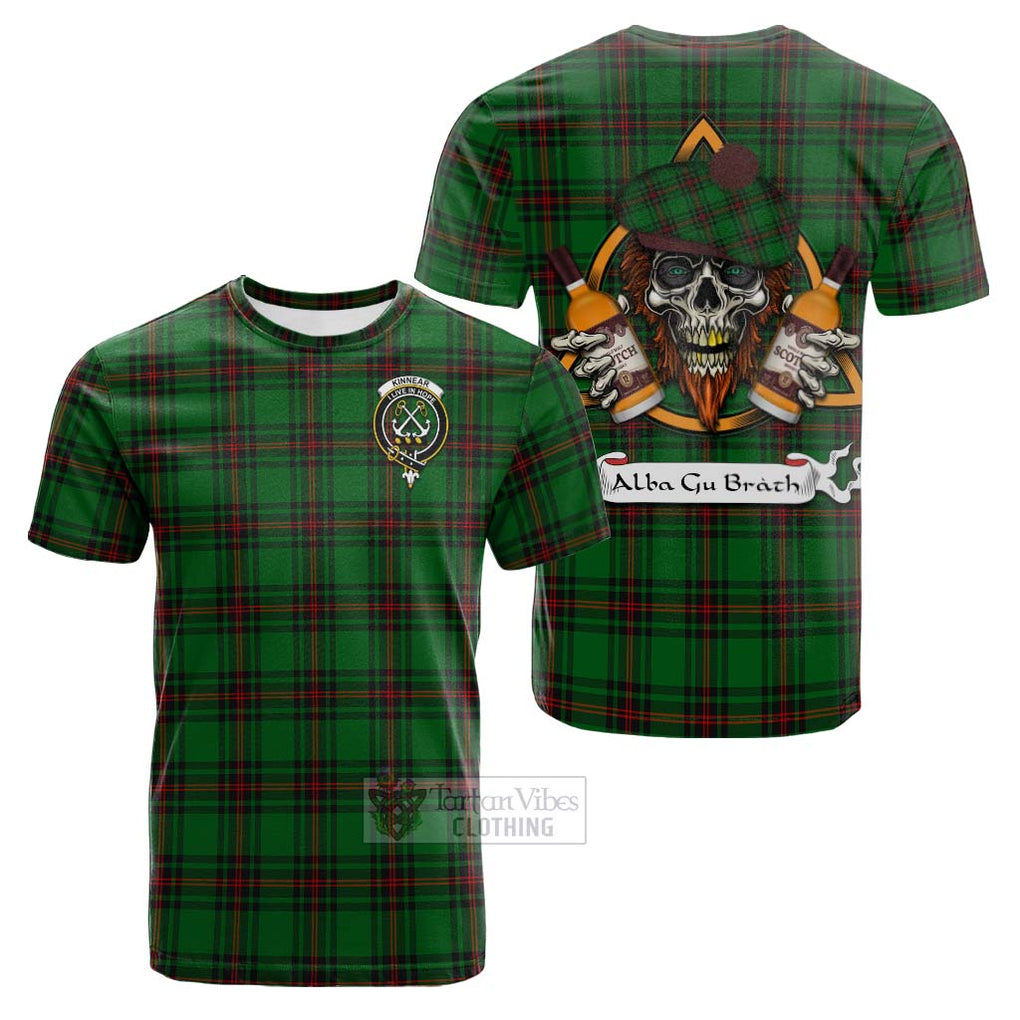 Tartan Vibes Clothing Kinnear Tartan Cotton T-shirt with Family Crest and Bearded Skull Holding Bottles of Whiskey